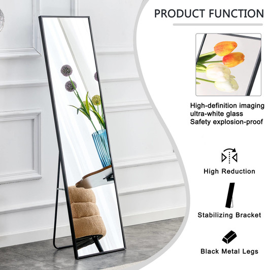 A2ZHOME 65" x 23" Black Full-Length Mirror – Aluminum Alloy Frame, Wall-Mounted or Floor-to-Ceiling