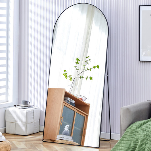 A2ZHOME 71" x 31" 4th Generation Floor Standing Full-Length Rearview Mirror - Black Metal Framed Arched Wall Mirror
