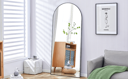 A2ZHOME 71" x 31" 4th Generation Floor Standing Full-Length Rearview Mirror - Black Metal Framed Arched Wall Mirror