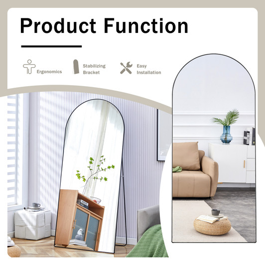 A2ZHOME 71" x 31" 4th Generation Floor Standing Full-Length Rearview Mirror - Black Metal Framed Arched Wall Mirror