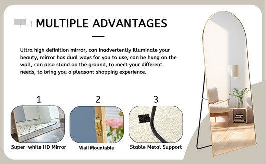A2ZHOME 71" x 31" 4th Generation Floor Standing Full-Length Rearview Mirror - Metal Framed Arched Wall Mirror