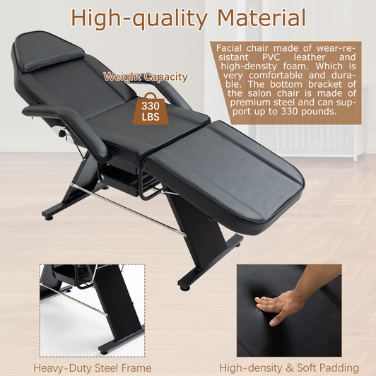 A2ZHOME Massage Salon Tattoo Chair with Two Trays - Multi-Purpose 3-Section Esthetician Bed with Hydraulic Stool, Adjustable Beauty Barber Spa Bed - Black