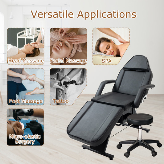 A2ZHOME Massage Salon Tattoo Chair with Two Trays - Multi-Purpose 3-Section Esthetician Bed with Hydraulic Stool, Adjustable Beauty Barber Spa Bed - Black