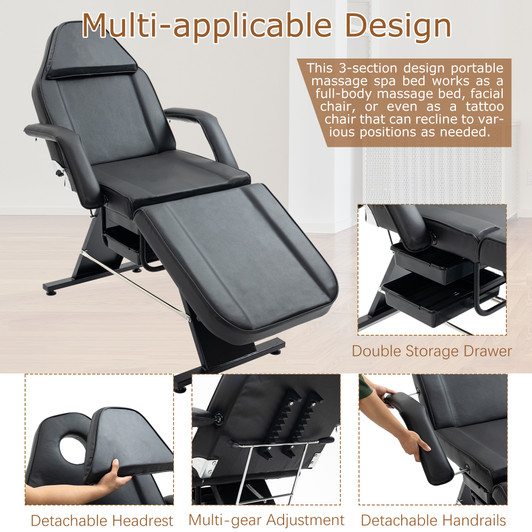 A2ZHOME Massage Salon Tattoo Chair with Two Trays - Multi-Purpose 3-Section Esthetician Bed with Hydraulic Stool, Adjustable Beauty Barber Spa Bed - Black