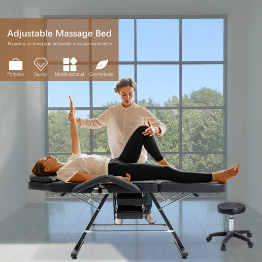 A2ZHOME Massage Salon Tattoo Chair with Two Trays - Multi-Purpose 3-Section Esthetician Bed with Hydraulic Stool, Adjustable Beauty Barber Spa Bed - Black