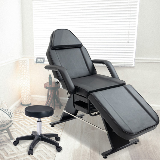 A2ZHOME Massage Salon Tattoo Chair with Two Trays - Multi-Purpose 3-Section Esthetician Bed with Hydraulic Stool, Adjustable Beauty Barber Spa Bed - Black