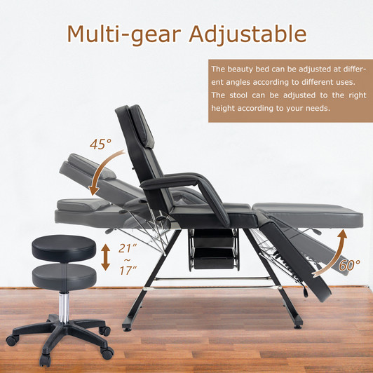 A2ZHOME Massage Salon Tattoo Chair with Two Trays - Multi-Purpose 3-Section Esthetician Bed with Hydraulic Stool, Adjustable Beauty Barber Spa Bed - Black