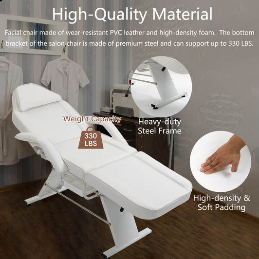 A2ZHOME Massage Salon Tattoo Chair with Two Trays - Multi-Purpose 3-Section Facial Bed with Hydraulic Stool - Adjustable Beauty Barber Spa Equipment in White