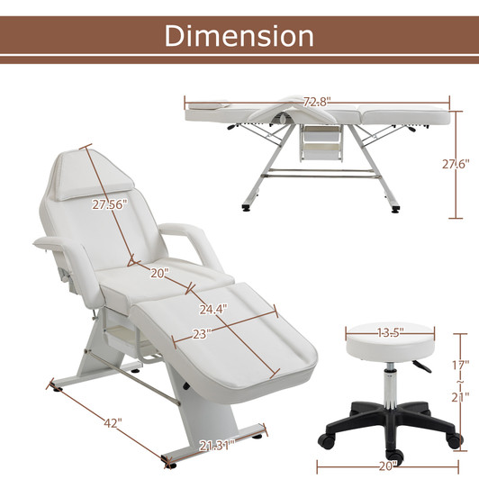 A2ZHOME Massage Salon Tattoo Chair with Two Trays - Multi-Purpose 3-Section Facial Bed with Hydraulic Stool - Adjustable Beauty Barber Spa Equipment in White