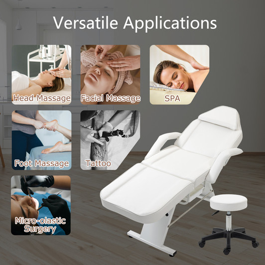A2ZHOME Massage Salon Tattoo Chair with Two Trays - Multi-Purpose 3-Section Facial Bed with Hydraulic Stool - Adjustable Beauty Barber Spa Equipment in White
