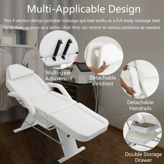 A2ZHOME Massage Salon Tattoo Chair with Two Trays - Multi-Purpose 3-Section Facial Bed with Hydraulic Stool - Adjustable Beauty Barber Spa Equipment in White