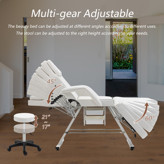 A2ZHOME Massage Salon Tattoo Chair with Two Trays - Multi-Purpose 3-Section Facial Bed with Hydraulic Stool - Adjustable Beauty Barber Spa Equipment in White