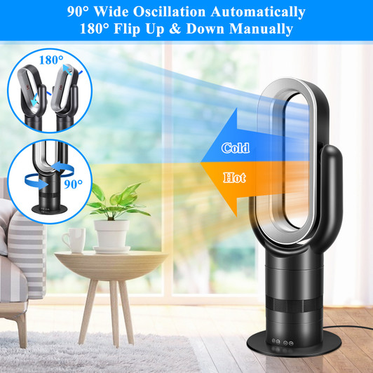 A2ZHOME HealSmart 26-Inch Space Heater Bladeless Tower Fan - Heater & Cooling Combo with Remote Control - Black