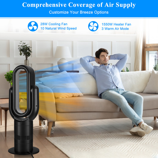 A2ZHOME HealSmart 26-Inch Space Heater Bladeless Tower Fan - Heater & Cooling Combo with Remote Control - Black