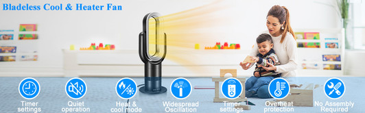 A2ZHOME HealSmart 26-Inch Space Heater Bladeless Tower Fan - Heater & Cooling Combo with Remote Control - Black
