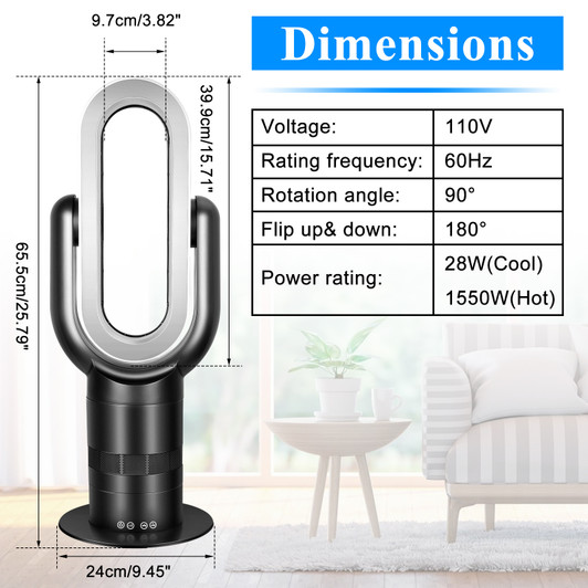 A2ZHOME HealSmart 26-Inch Space Heater Bladeless Tower Fan - Heater & Cooling Combo with Remote Control - Black
