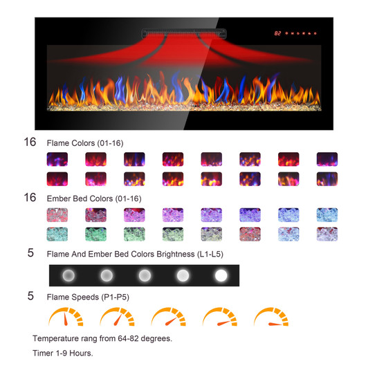 A2ZHOME 42-Inch Recessed Ultra-Thin Tempered Glass Front Wall-Mounted Electric Fireplace with Remote and Multi-Color Flame, LED Light Heater