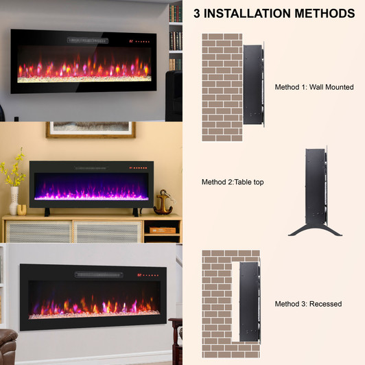 A2ZHOME 42-Inch Recessed Ultra-Thin Tempered Glass Front Wall-Mounted Electric Fireplace with Remote and Multi-Color Flame, LED Light Heater