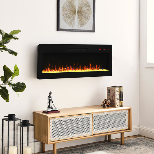A2ZHOME 42-Inch Recessed Ultra-Thin Tempered Glass Front Wall-Mounted Electric Fireplace with Remote and Multi-Color Flame, LED Light Heater