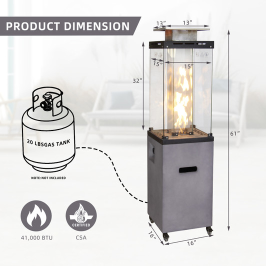 A2ZHOME 16" x 61" Outdoor Propane Gas Fire Heater with Tempered Glass