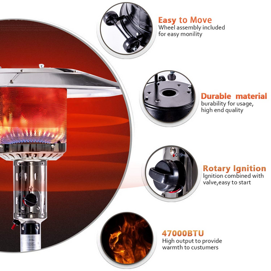 A2ZHOME Outdoor Patio Propane Heater with Portable Wheels, 47,000 BTU, 88-Inch Standing Gas Heater, Stainless Steel Burner - Black