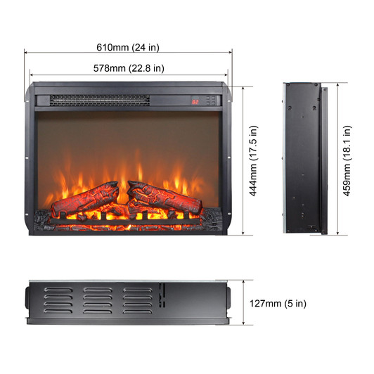 A2ZHOME 23" Electric Fireplace Insert, Ultra Thin Heater with Log Set & Realistic Flame, Remote Control with Timer, Overheating Protection