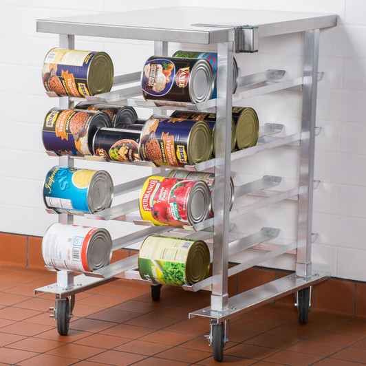 a2zhospo Half-Size Mobile Aluminum Can Rack for #10 and #5 Cans with Stainless Steel Top and Mounted Can Opener Base