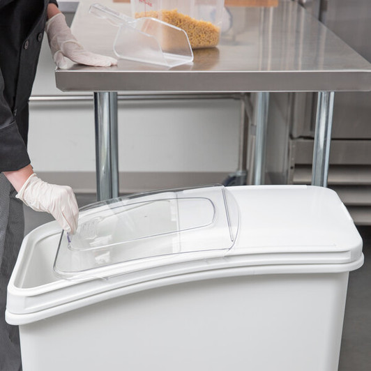 a2zhospo 27 Gallon / 430 Cup White Mobile Ingredient Storage Bin with Slanted Top, Sliding Lid & Scoop