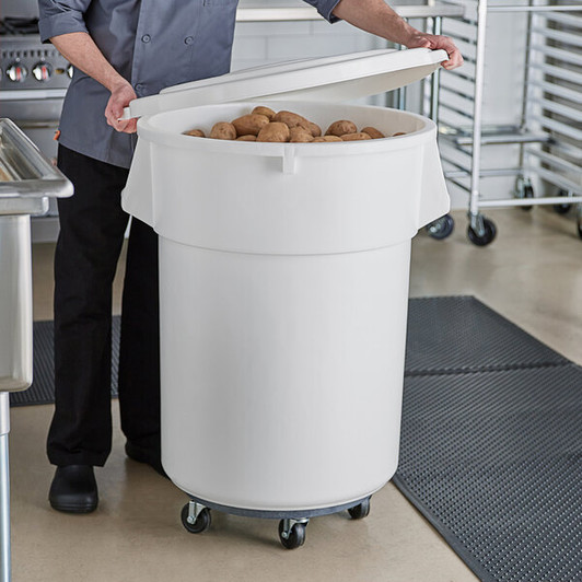 a2zhospo 55 Gallon / 880 Cup White Round Mobile Ingredient Storage Bin with Snap-On Lid & Gray Dolly