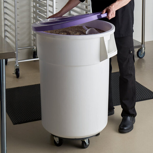 a2zhospo 55 Gallon / 880 Cup Allergen-Free Mobile Ingredient Storage Bin with Purple Snap-On Lid and Gray Dolly