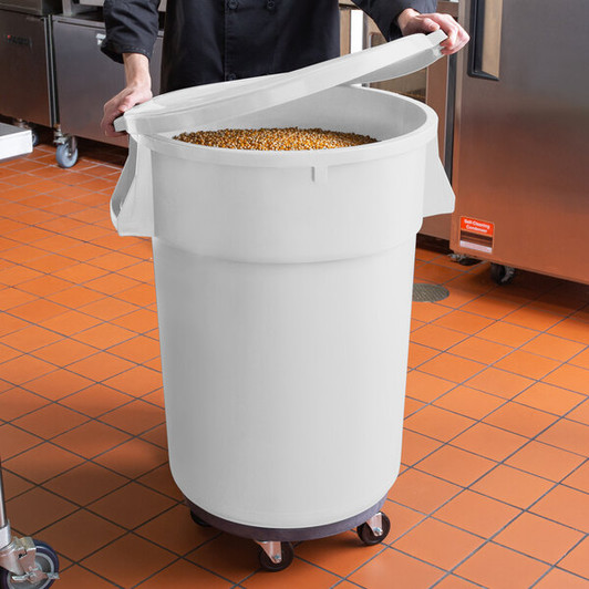 a2zhospo 44 Gallon / 700 Cup White Round Mobile Ingredient Storage Bin with Snap-On Lid and Gray Dolly