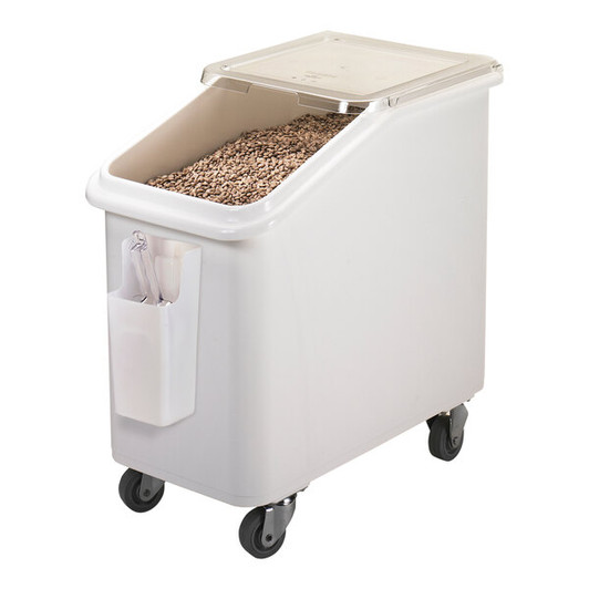 a2zhospo 27 Gallon / 430 Cup White Slant Top Mobile Ingredient Storage Bin with Sliding Lid & S-Hook