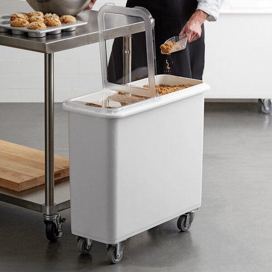 a2zhospo 26.7 Gallon / 425 Cup White Flat Top Mobile Ingredient Storage Bin with 2-Piece Sliding Lid