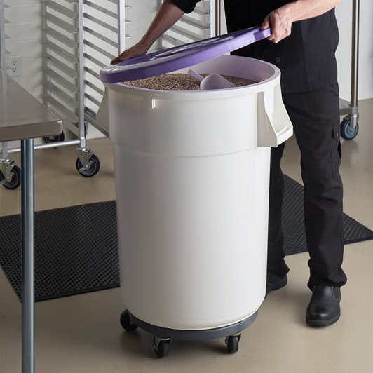 a2zhospo 44 Gallon White Allergen-Free Mobile Ingredient Storage Bin with Purple Lid and Dolly