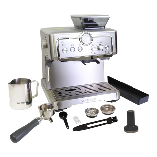 Kenmore Stainless Steel Espresso Machine with Grinder & Milk Frother, Programmable Settings, Compact Design