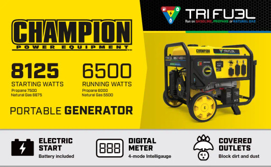 Champion 8125W Peak / 6500W Running Tri-Fuel Portable Generator with Electric Start