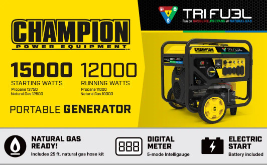 Champion 12,000W Running / 15,000W Peak Tri Fuel Generator with CO Shield