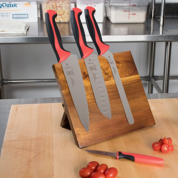 Mercer Culinary M21982RD Millennia 5-Piece Acacia Magnetic Board and Red Handle Knife Set