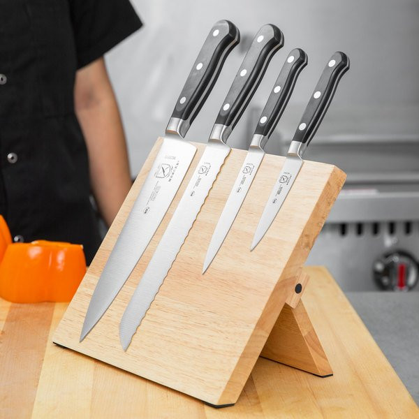 Mercer Culinary M21970 Renaissance 5-Piece Rubberwood Magnetic Knife Board and Black Handle Knife Set