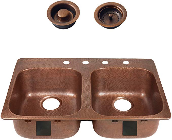 Handmade Sink Pure Solid 33 in. 4-Hole Right Side Antique Strainer Drain and Disposal Flange Double Bowl, Drop-in, Copper Kitchen Sink Kit