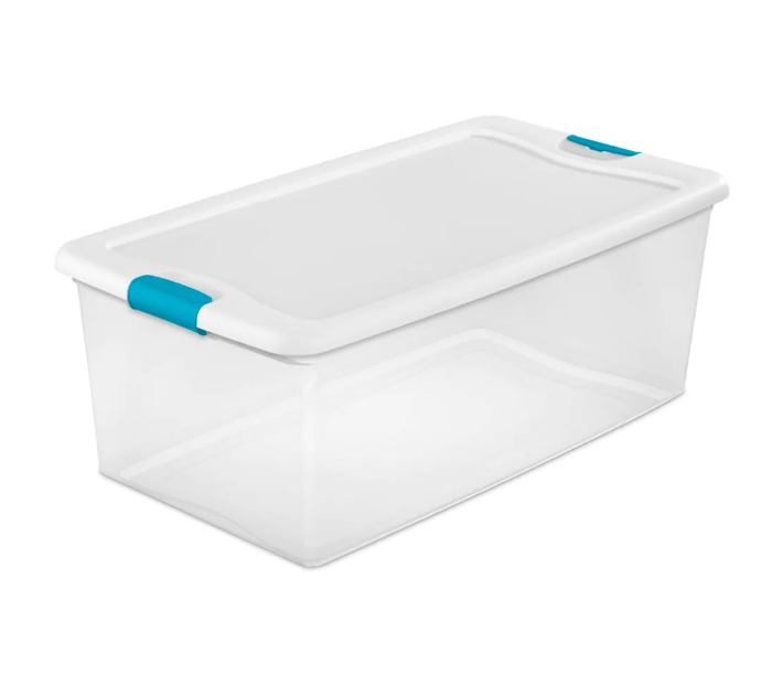 Sterilite 100 L Clear Storage Tote with Latching Lid in White - 18.75" X 33.875" X 13" (6/CASE)-A2ZHOME