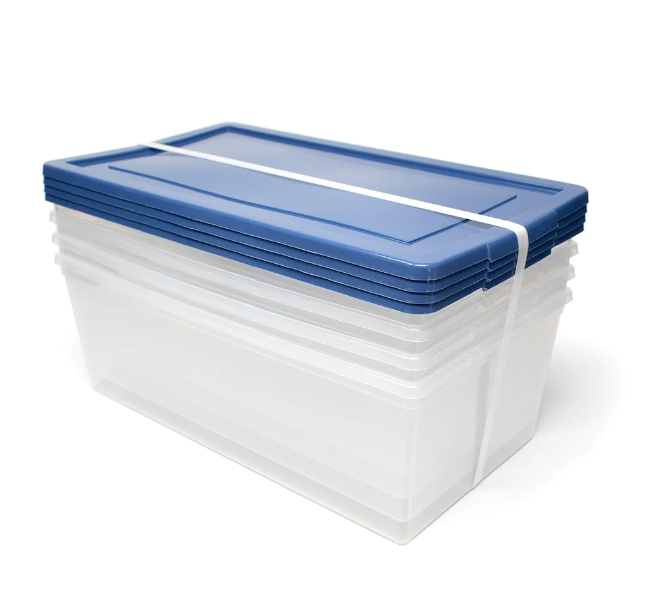 Tuff Store 5.76 L Plastic Shoe Storage Utility Tote Box in Clear with Blue Snap-on Lid (4-Pack) 7.5" X 13" X 8.25" (6/CASE)-A2ZHOME