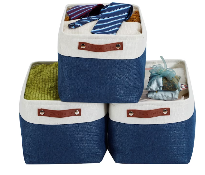 DECOMOMO Extra Large Foldable Fabric Storage Bin with Handles - Navy Blue and White14" X 16" X 4" (Set of 3)-A2ZHOME