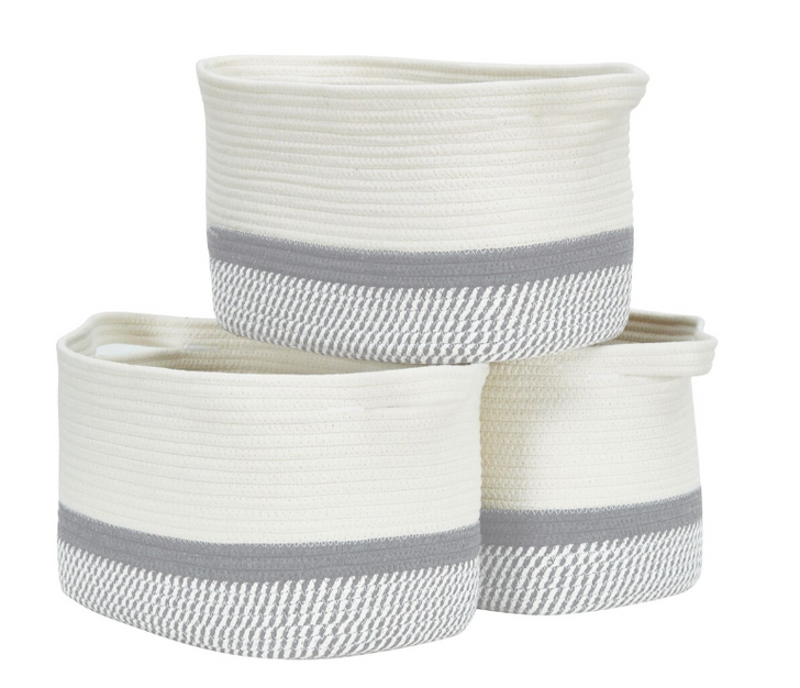 DECOMOMO Cotton Rope Baskets Woven Foldable Storage Bin with Handles - Spiral Light Grey And White (11" X 13" X 6") - Set of 3-A2ZHOME