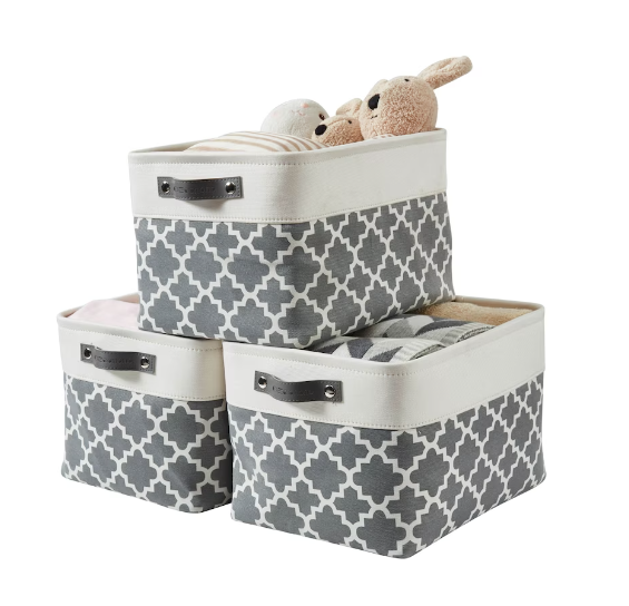 DECOMOMO Large Foldable Storage Bin with Handles - Pattern Grey and White - Set of 3 - 12" X 16" X 4"-A2ZHOME