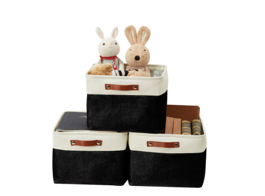 DECOMOMO Extra Large Foldable Fabric Storage Bin with Handles - Black and White (Set of 3) - 14"x16"x4"-A2ZHOME