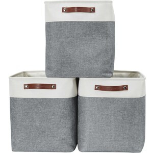 DECOMOMO Jumbo Foldable Storage Bin with Handles - Slate Grey and White (Set of 3) - 14"x18"x4"-A2ZHOME