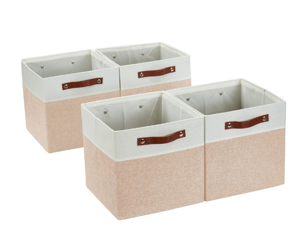 DECOMOMO 11" Cube Collapsible Sturdy Storage Bins - Beige and White (Set of 4) - 11"x13"x6"-A2ZHOME