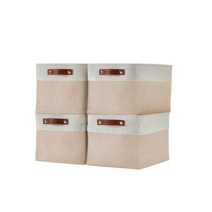 DECOMOMO Large 4-Pack Foldable Storage Bins with Handles - Beige and White (Set of 4) - 12"x16"x4"-A2ZHOME