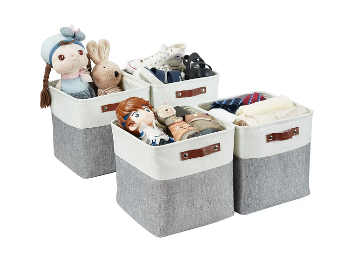 DECOMOMO Cube 11" Foldable Storage Bins with Handles - Grey and White (Set of 4) - 11"x13"x6"-A2ZHOME